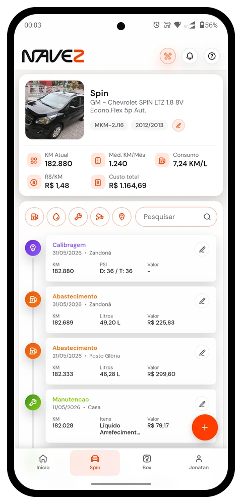 Dashboard do veículo no app Navez