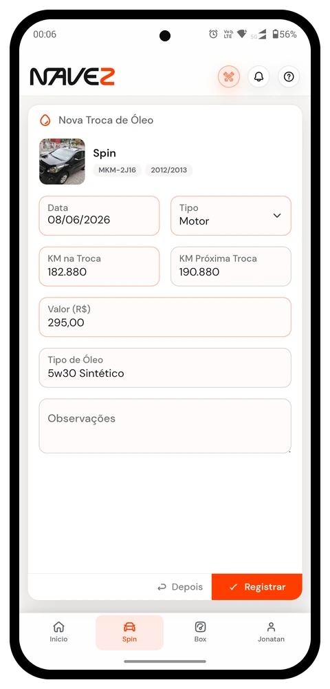 Registro de troca de óleo