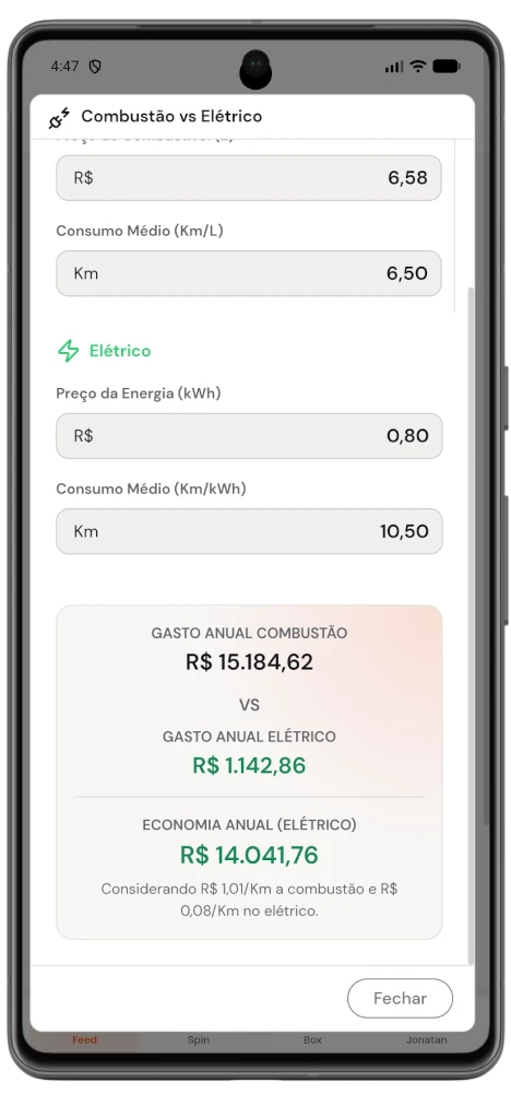 Calculadora de combustão e elétrico do aplicativo Navez