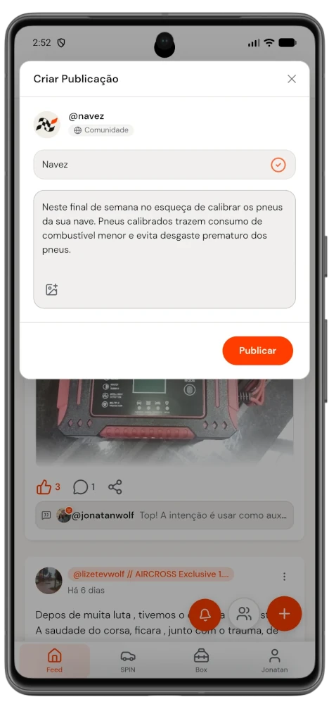 Tela de novo post do aplicativo Navez